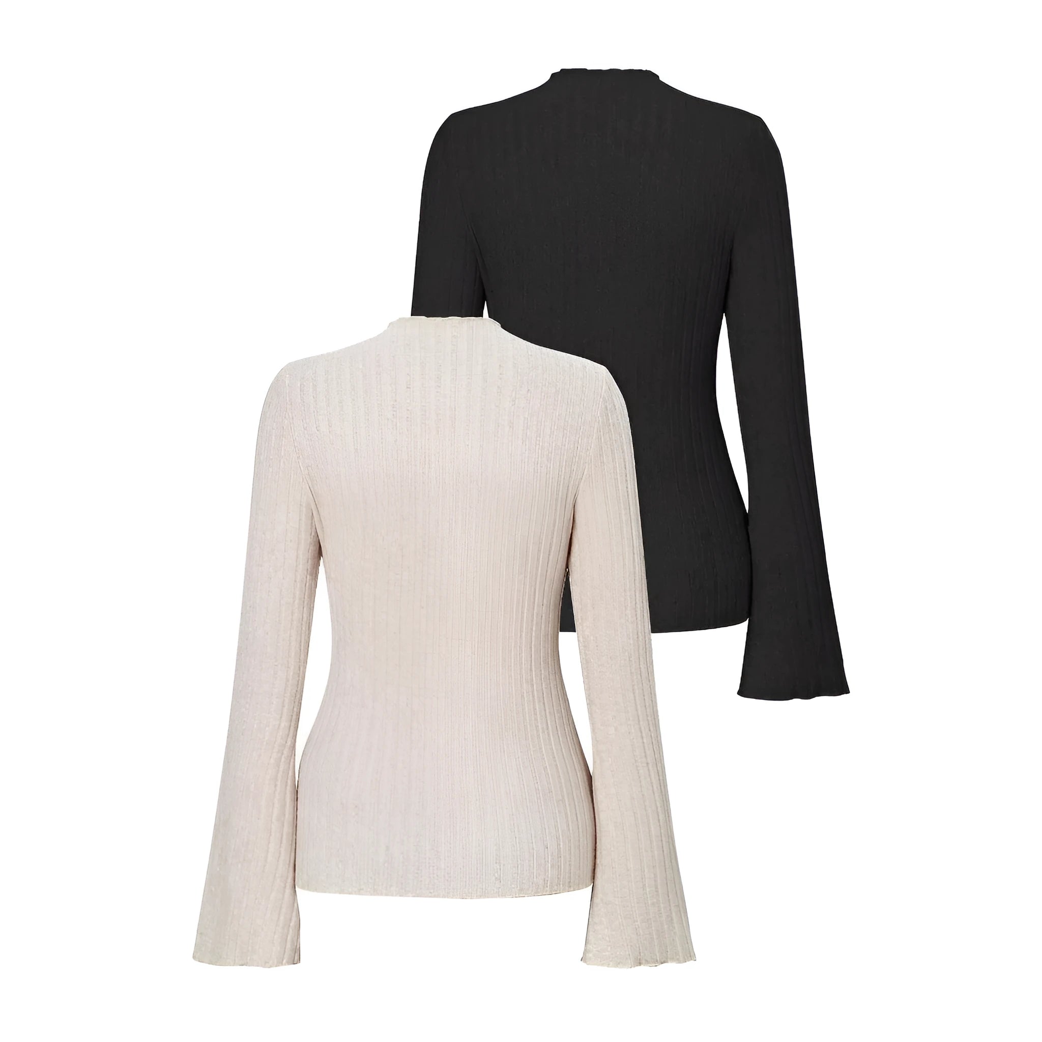 Black slim fit long sleeve top with round neck and lantern sleeves on a mannequin.