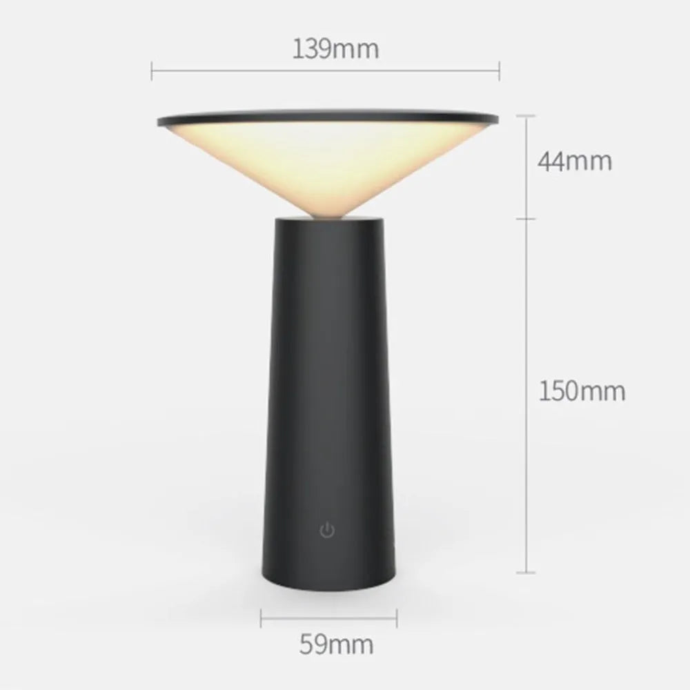Black USB rechargeable desk lamp with touch sensor and adjustable lamp head on a wooden table.