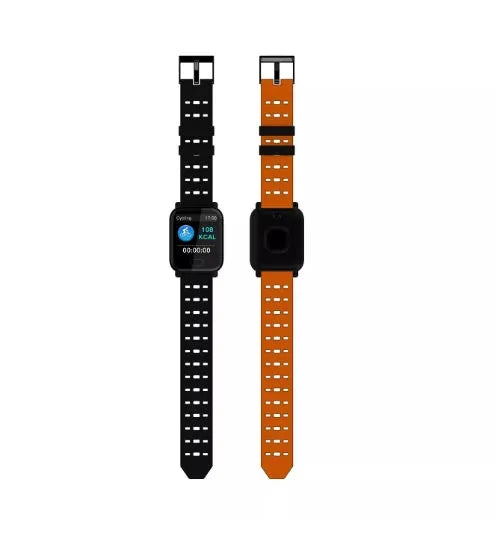 A6 smart bracelet with colour screen and silicone strap shown in black, blue, and orange colours