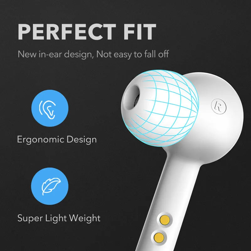Black and white true wireless Bluetooth earbuds with IPX5 waterproof rating shown side by side.