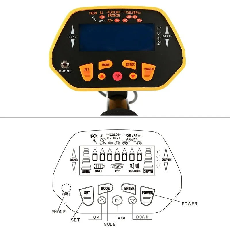 GC1028 professional metal detector in black and yellow with LCD display and waterproof search coil