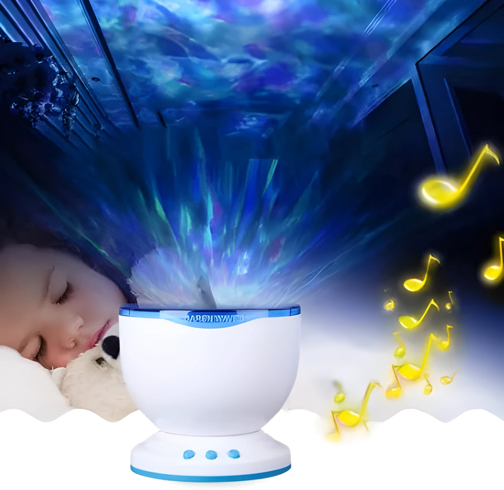 Blue ocean LED projection lamp showing DLP trapezoidal correction for children's puzzle environments