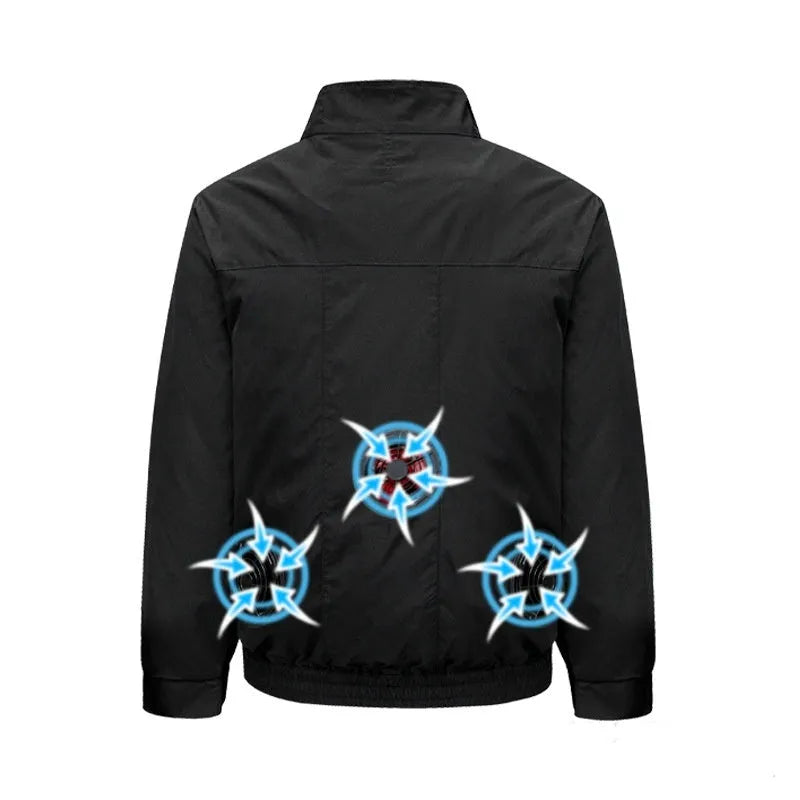Man's black cooling work jacket with chest ventilation holes for a fan on a mannequin.