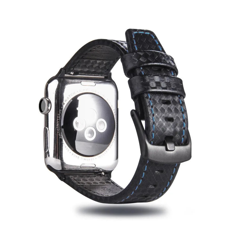 Carbon fibre and leather Apple Watch strap with patterned PC case in red, black, blue, and orange.