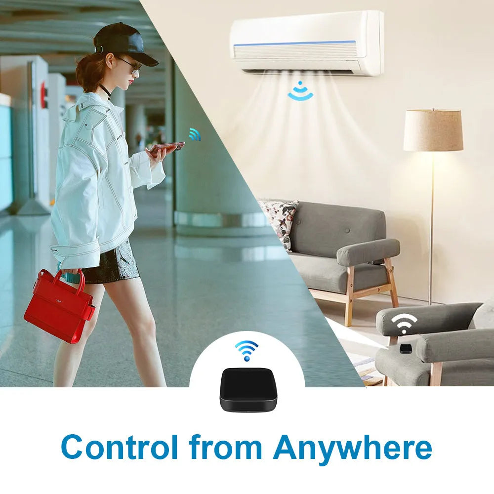 Black universal infrared remote control with voice command and WiFi connectivity.
