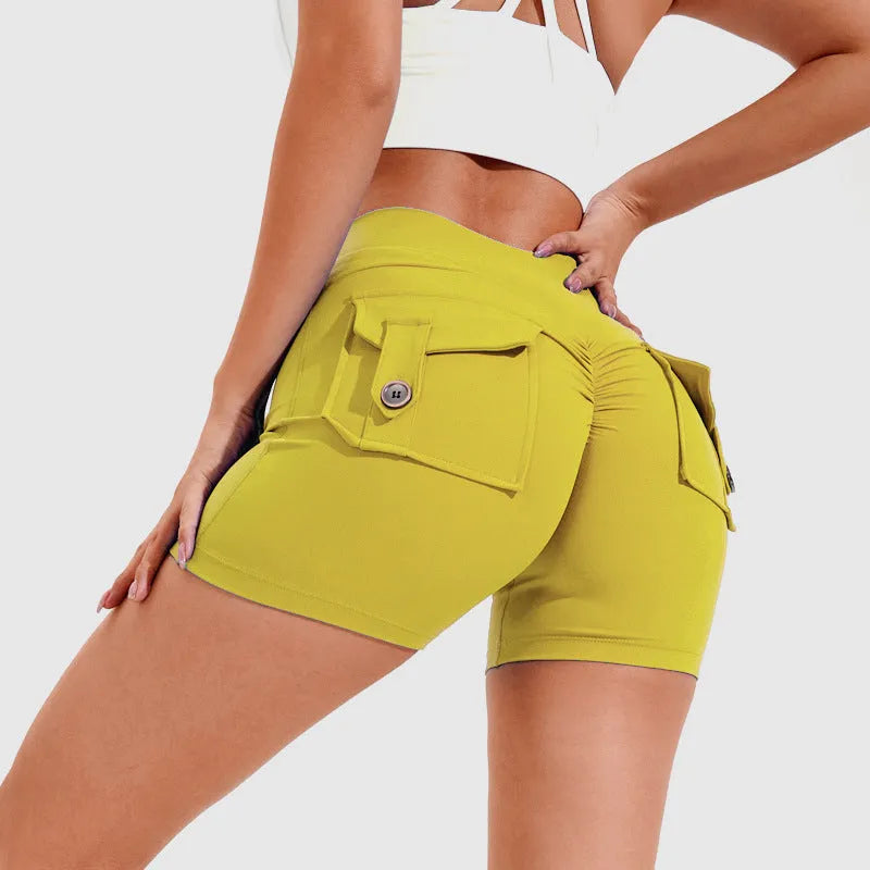 Women's high waist hip lifting sports shorts with side pockets in electric blue colour