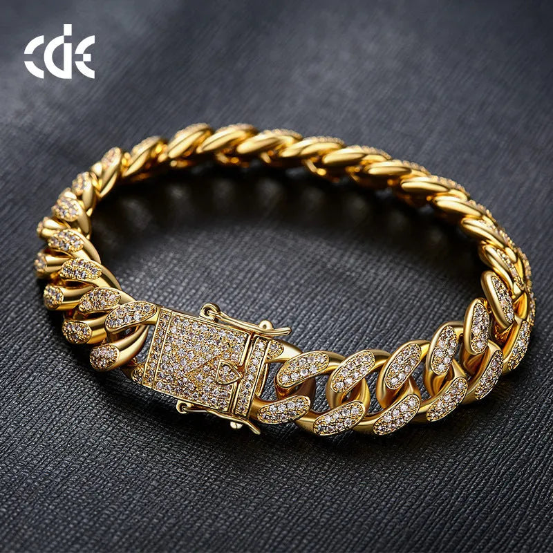 Gold men's Cuban chain bracelet with geometric zircon detailing on alloy frame