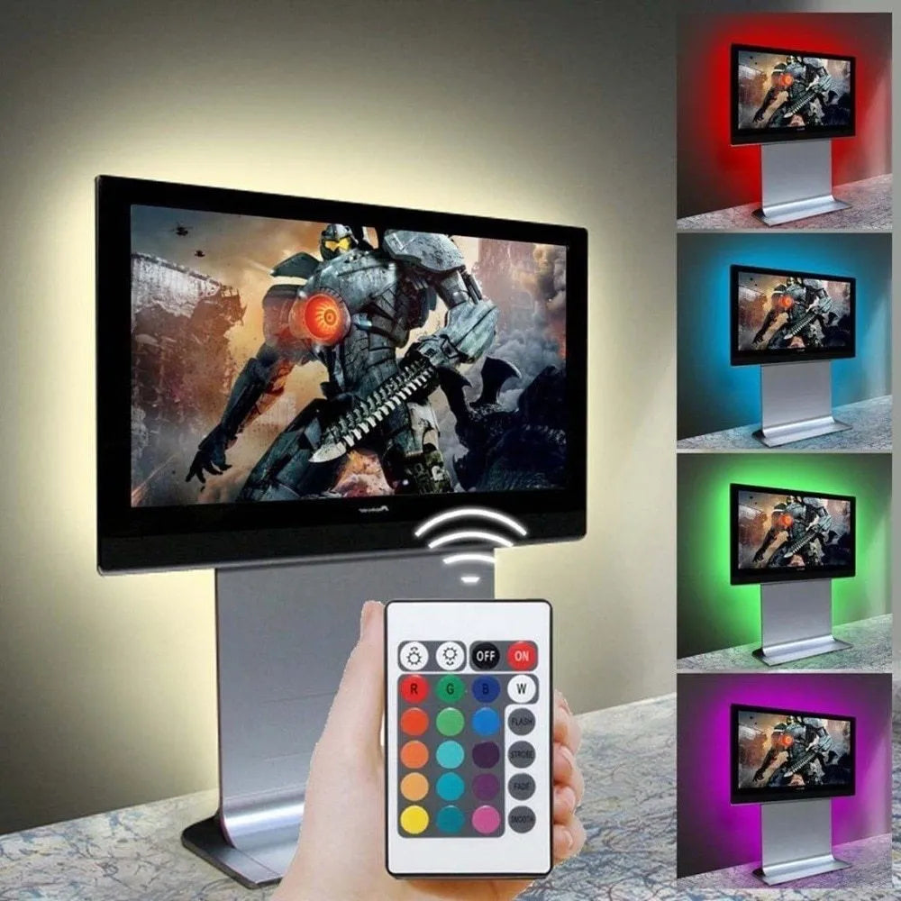 USB-powered LED light strip on a reel showing multiple colour options including white, blue, and red.