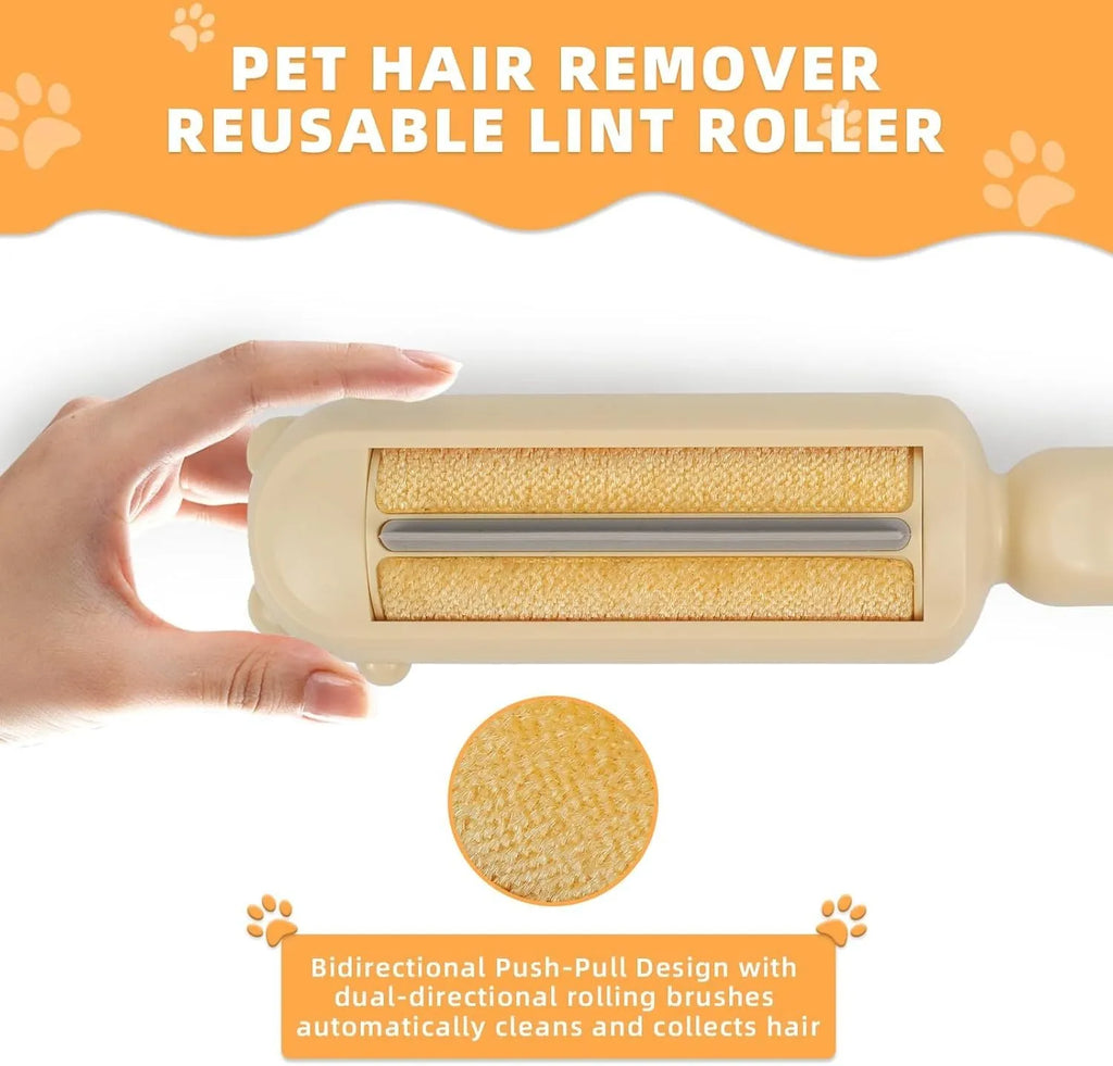 Blue reusable pet hair remover roller for furniture and car seats on a grey sofa
