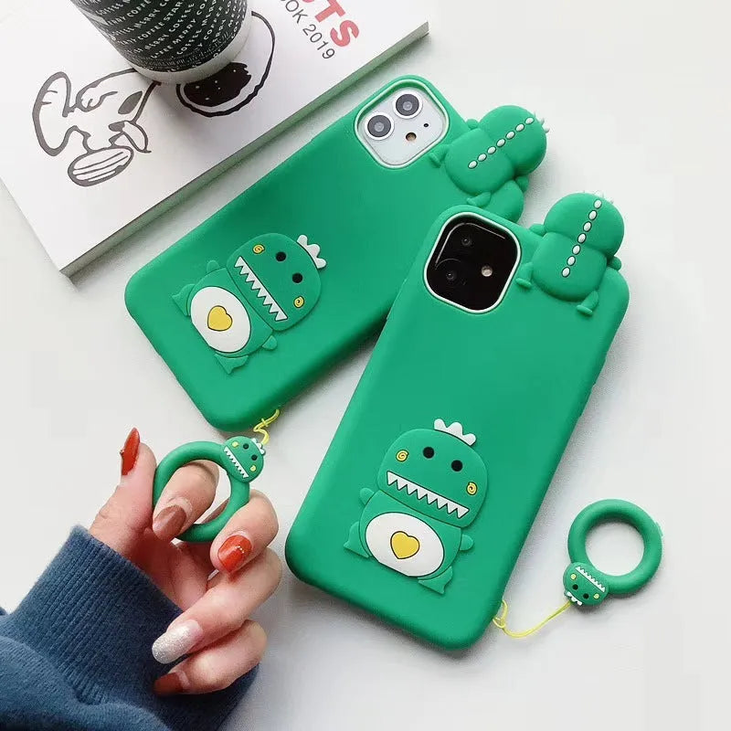 Green silicone iPhone case with cartoon animal design showing drop protection features