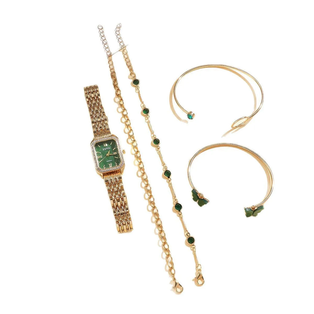 Gold green square women's watch with matching butterfly bracelets on wrist
