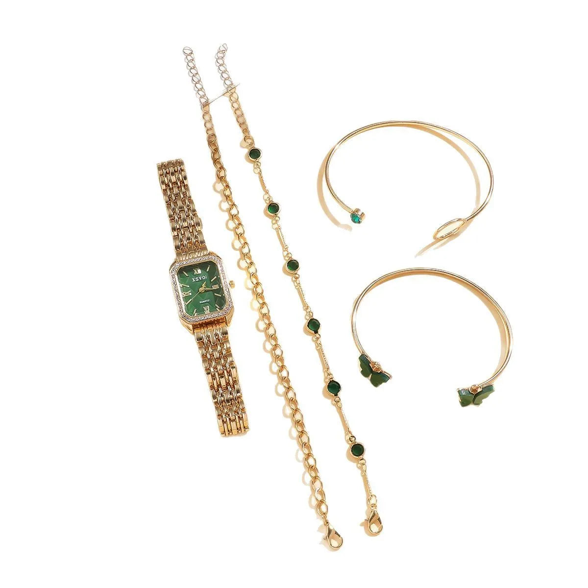 Gold green square women's watch with matching butterfly bracelets on wrist