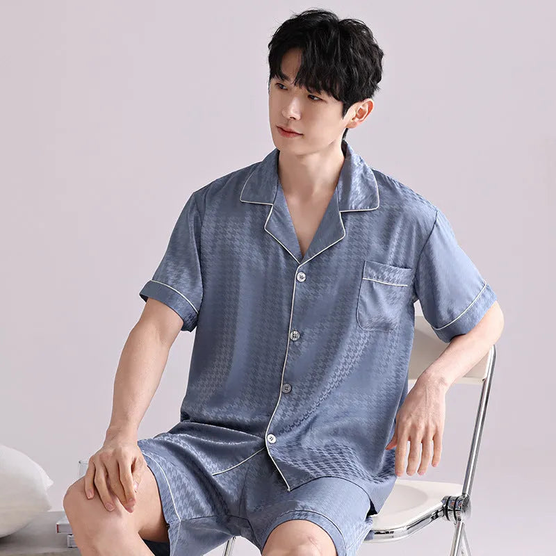 Men's ice silk pajama set with cardigan and shorts in satin jacquard plaid pattern