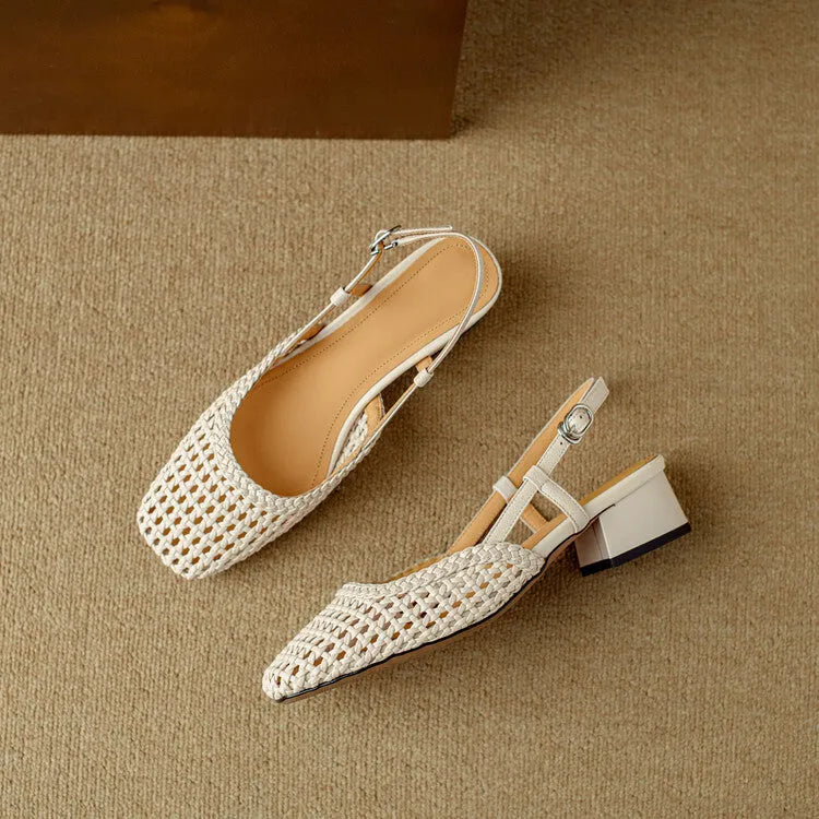 Women's woven hollow-out sandals with chunky heel and adjustable buckle in beige colour