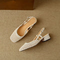 Women's woven hollow-out sandals with chunky heel and adjustable buckle in beige colour