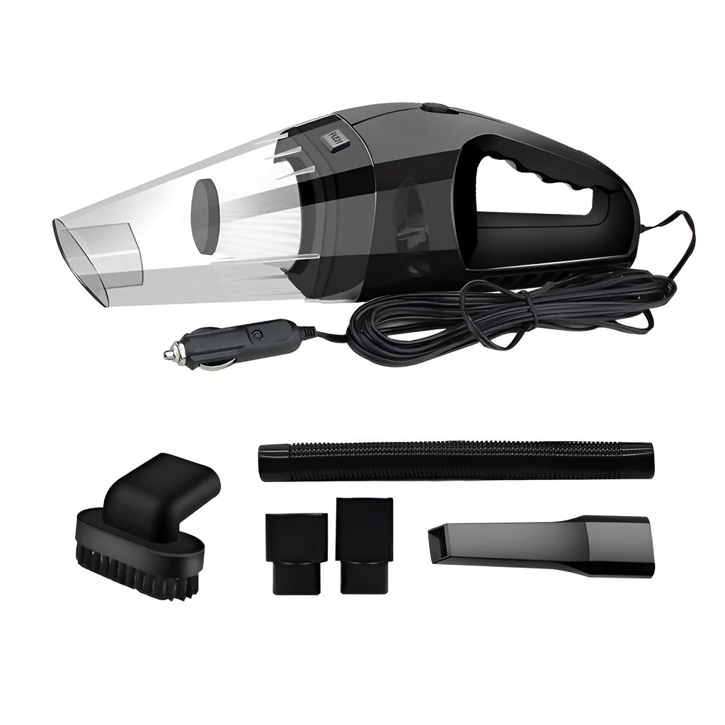 Portable orange handheld car vacuum cleaner with nozzle attachments for 12V vehicle use