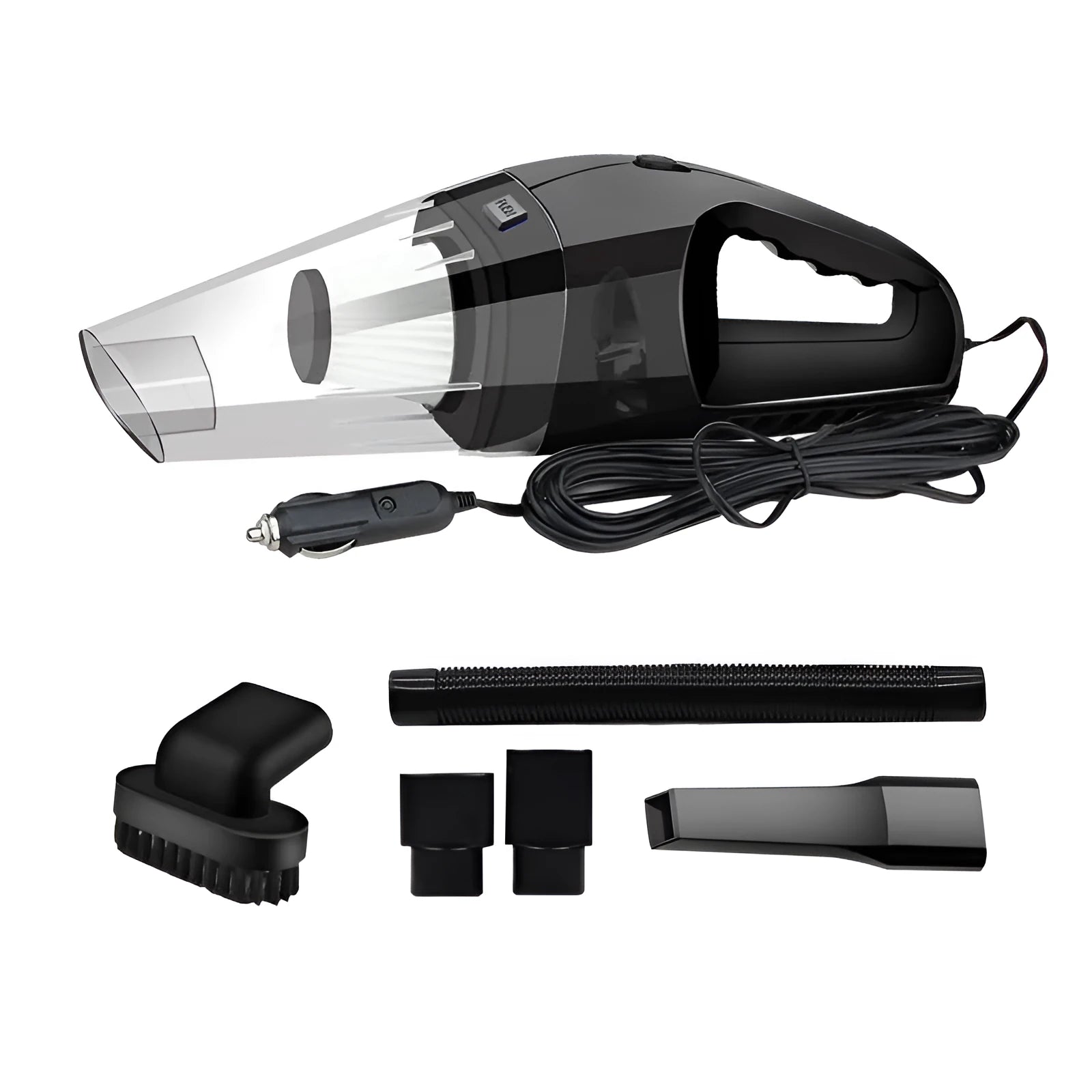 Portable orange handheld car vacuum cleaner with nozzle attachments for 12V vehicle use