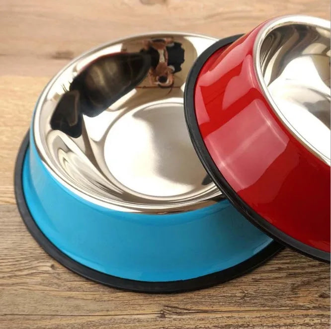 Stainless steel pet bowl inside colourful melamine pot with non-slip base
