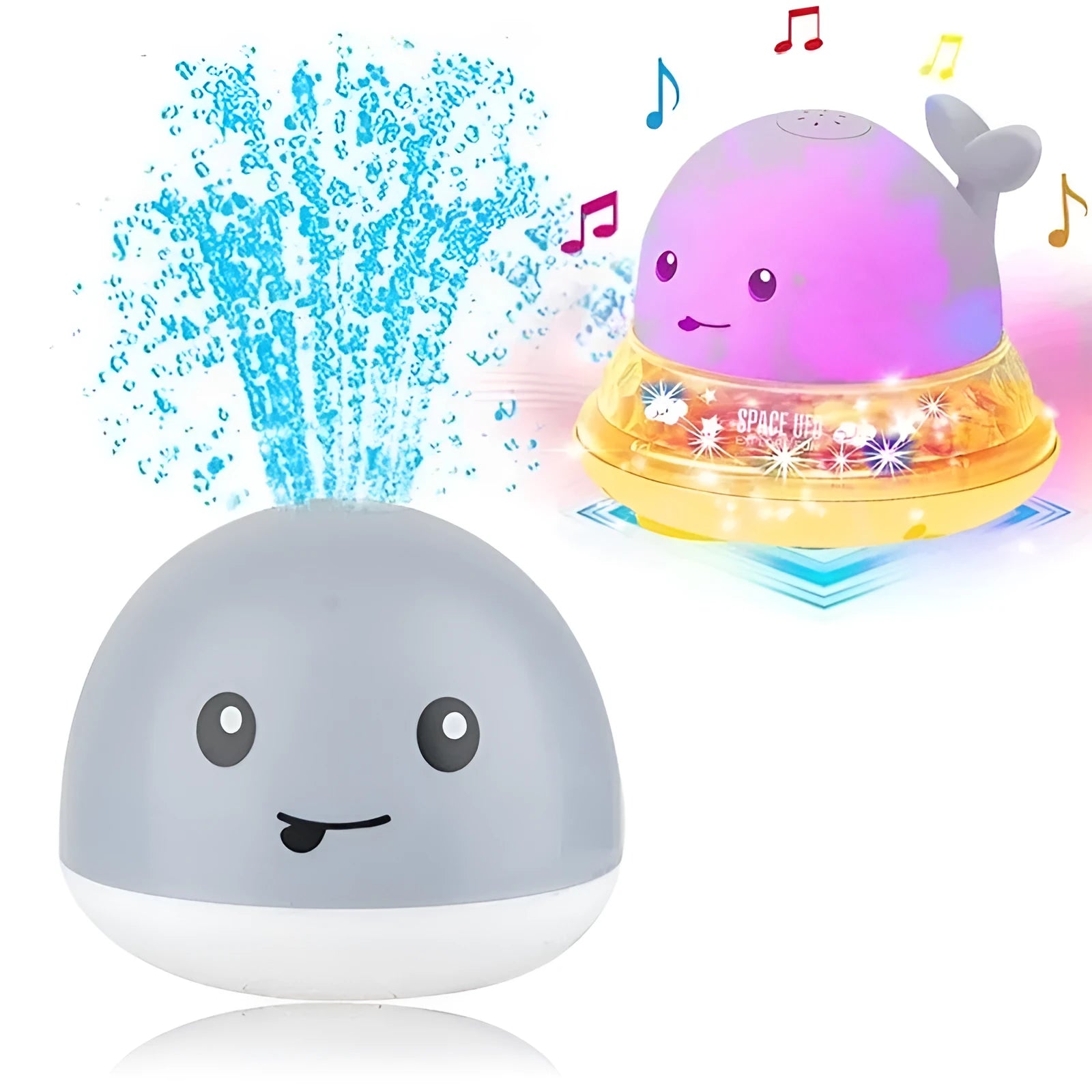 Whale-shaped electric bath toy spraying water with flashing lights, on a blue base.