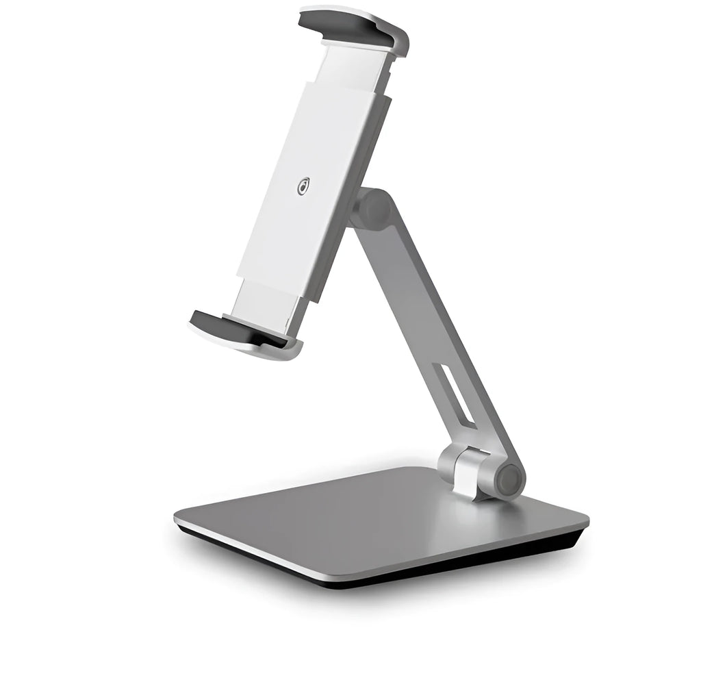 Folding aluminium phone and tablet stand on a desk, shown in silver colour with 360-degree rotation.