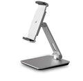 Folding aluminium phone and tablet stand on a desk, shown in silver colour with 360-degree rotation.