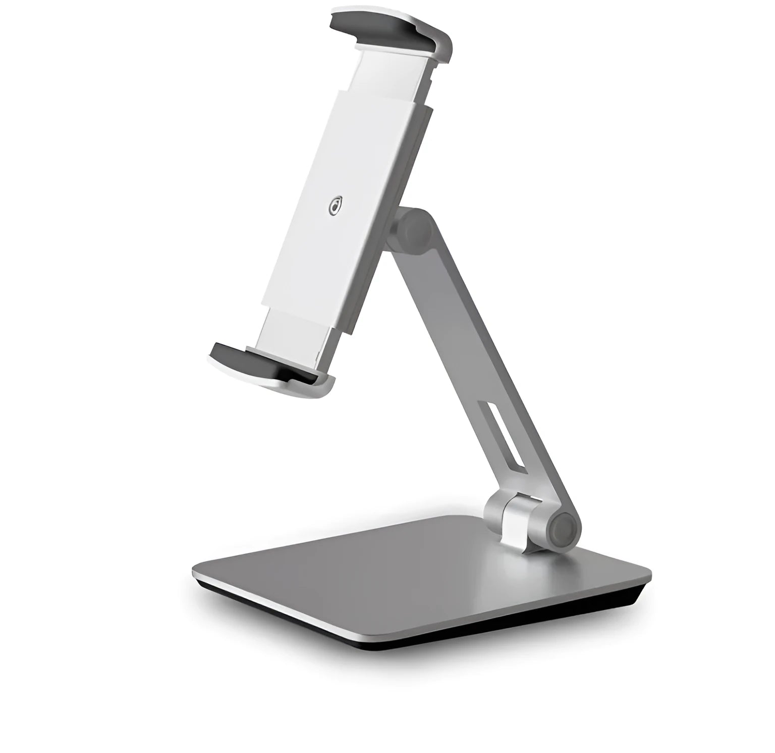 Folding aluminium phone and tablet stand on a desk, shown in silver colour with 360-degree rotation.
