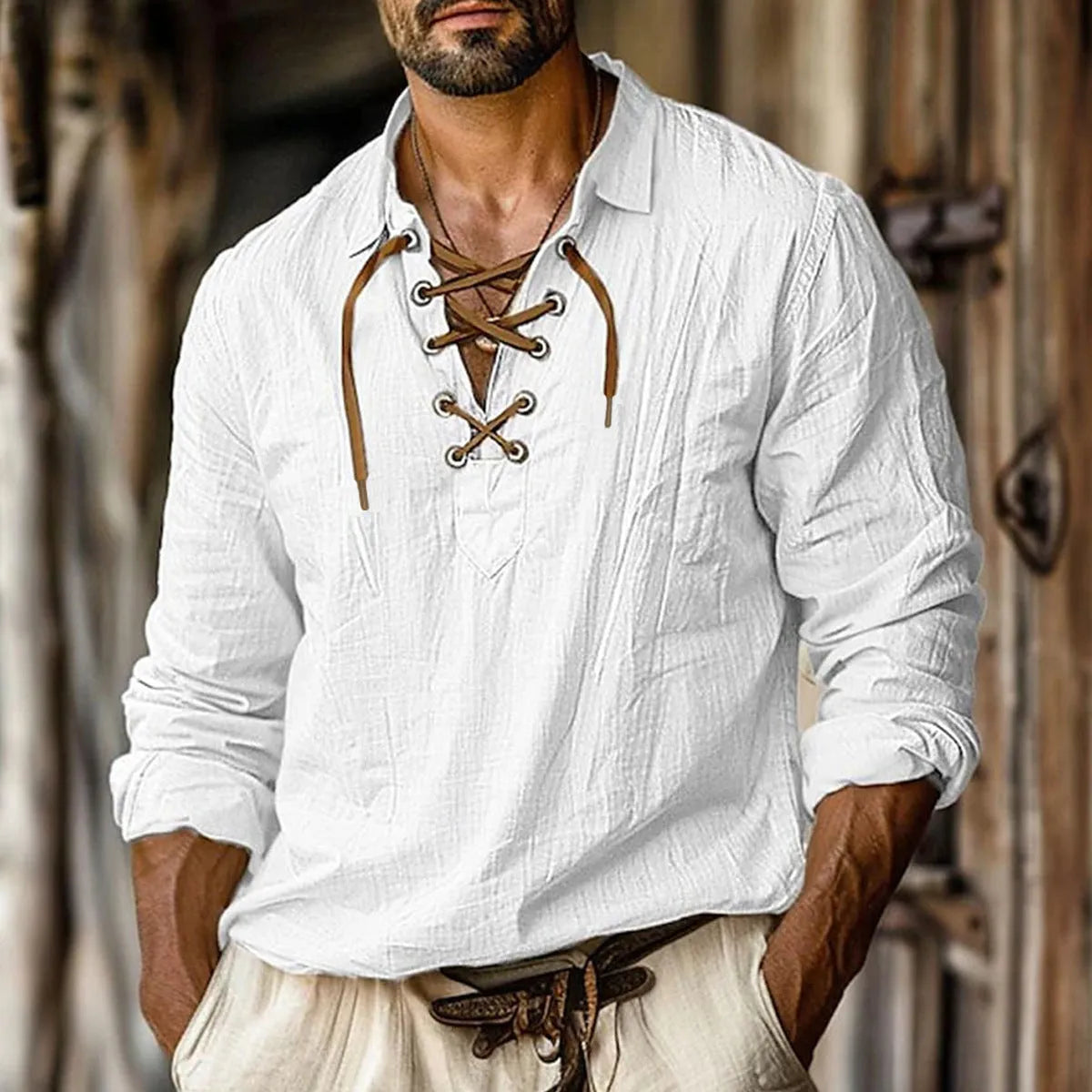 Men's plus size loose linen shirt with lapels and lace detailing on long sleeves.