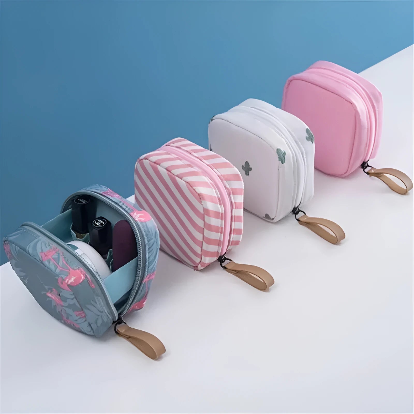 Blue cloth makeup storage bag with cube shape and plain pattern for cosmetics organisation