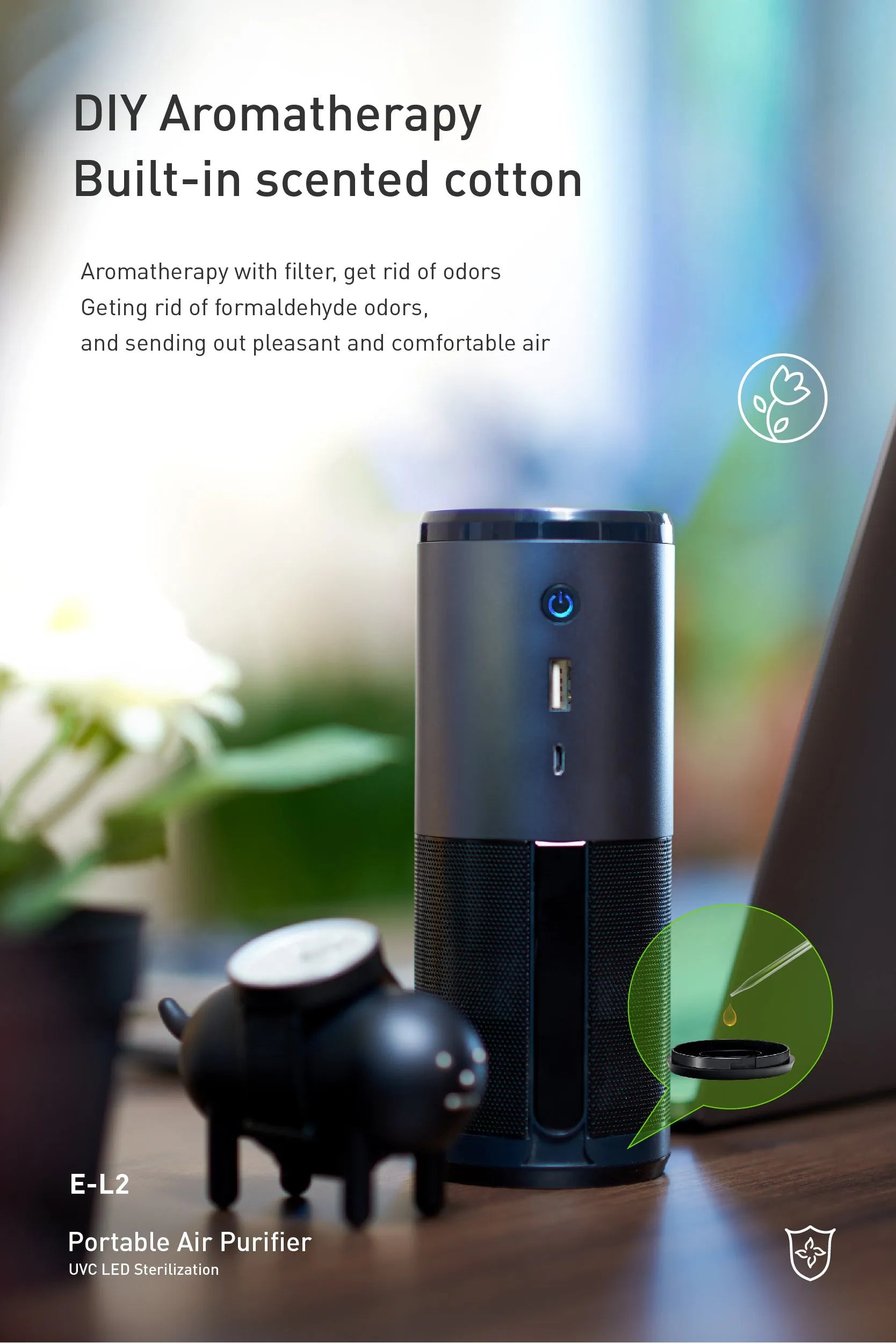 Black portable mini car air purifier with smart sensor display, measuring 6.2 by 17.2 cm