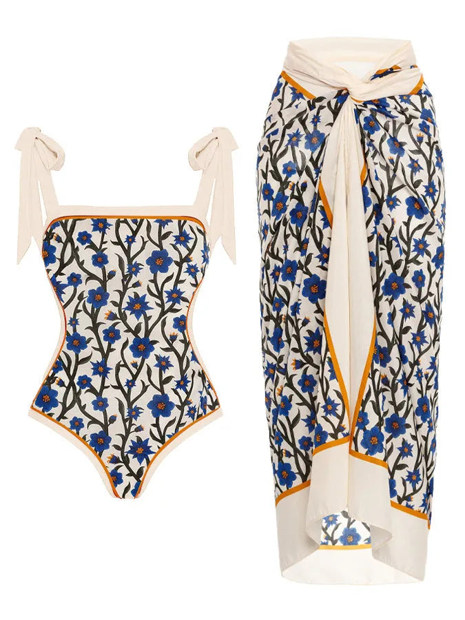 Women's floral print chiffon swimsuit with attached skirt in two-piece design
