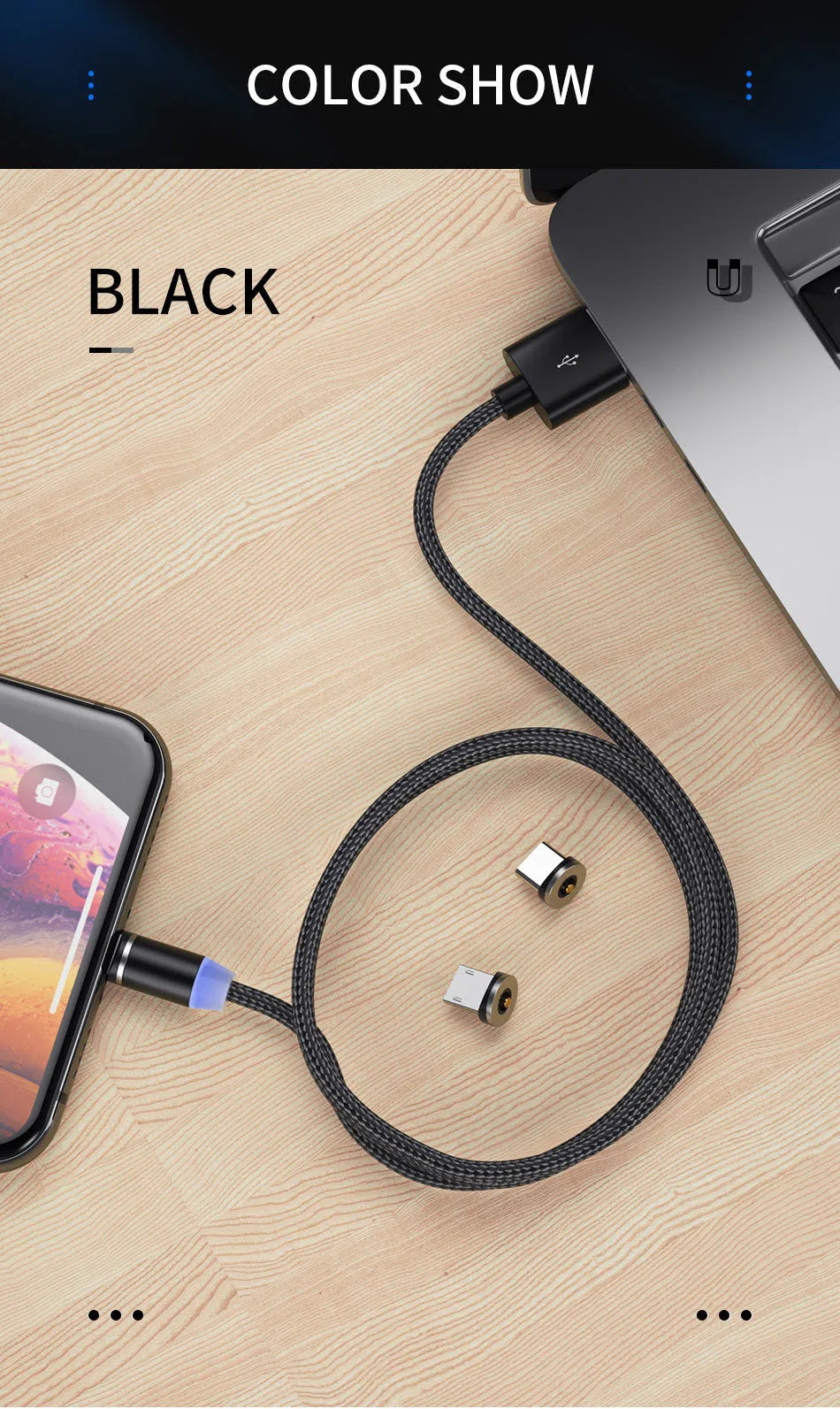 Black magnetic USB charging cable with glowing LED light indicator on a white background.