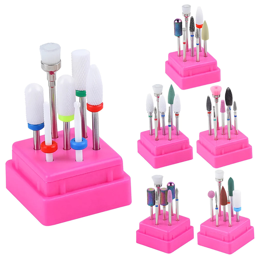 Tungsten steel nail art drill bit set with six bits, one brush, in a clear case.
