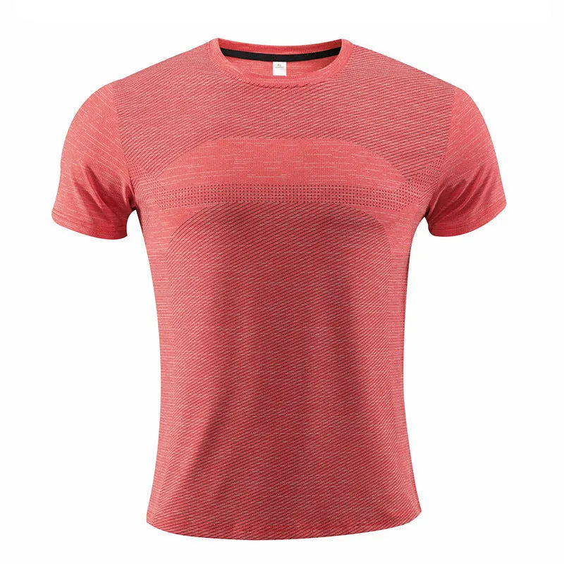 Short sleeve red sports t-shirt made from polyester spandex fabric for running and exercise.