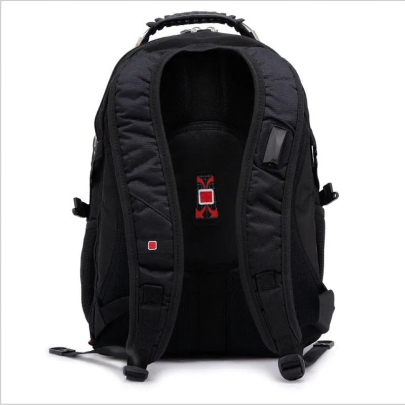 Black business computer backpack with three compartments showing laptop storage and organisational pockets