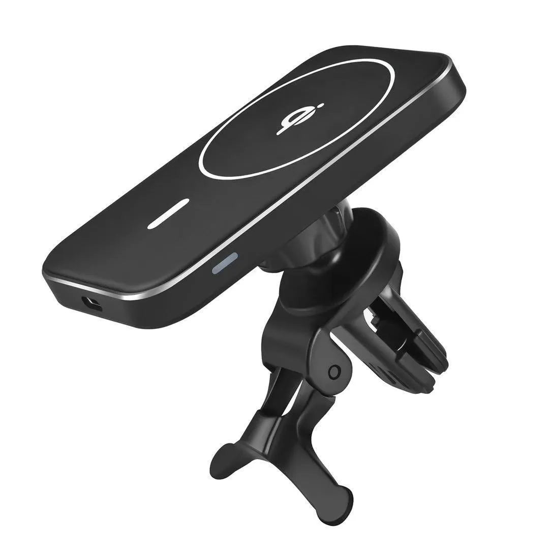 Black M6 magnetic wireless car charger bracket mounted on vehicle dashboard charging smartphone