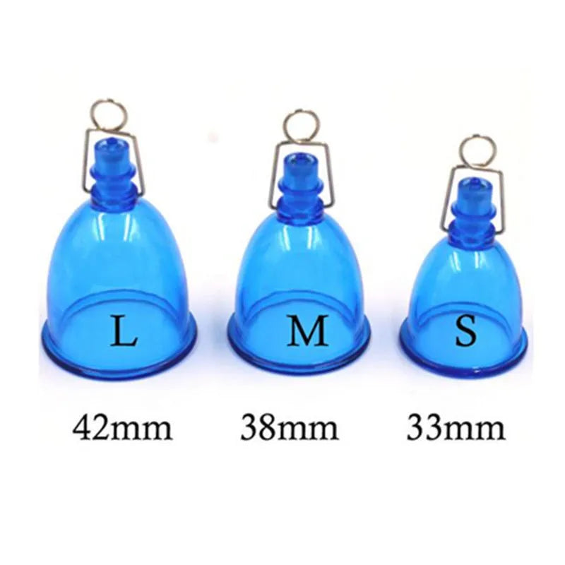Blue silicone men's physical stretch exerciser in small, medium, and large cup sizes