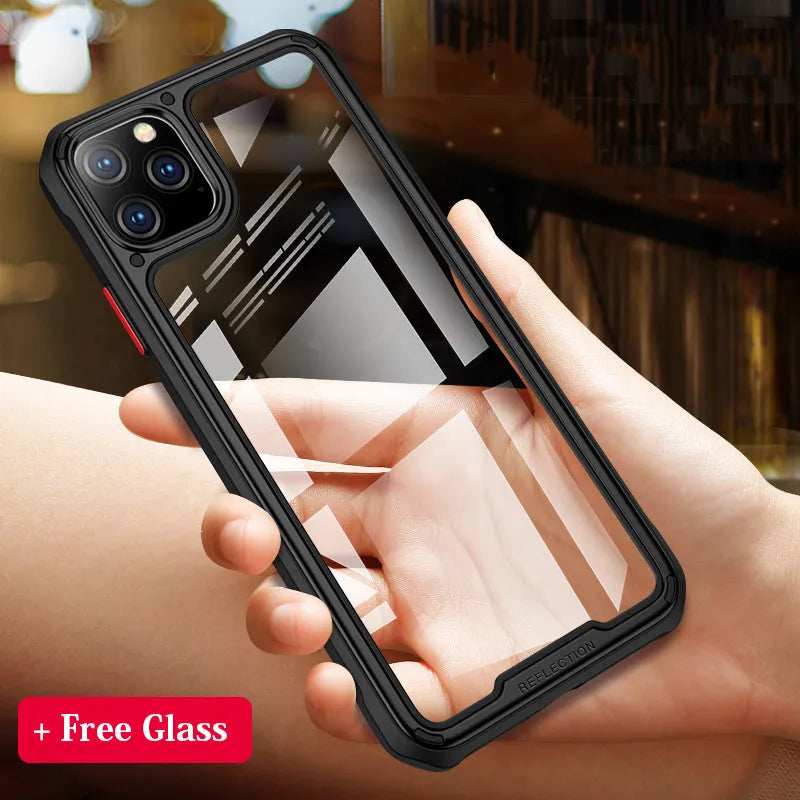 Transparent silicone iPhone 11 case showing PU+TPU construction and business style design