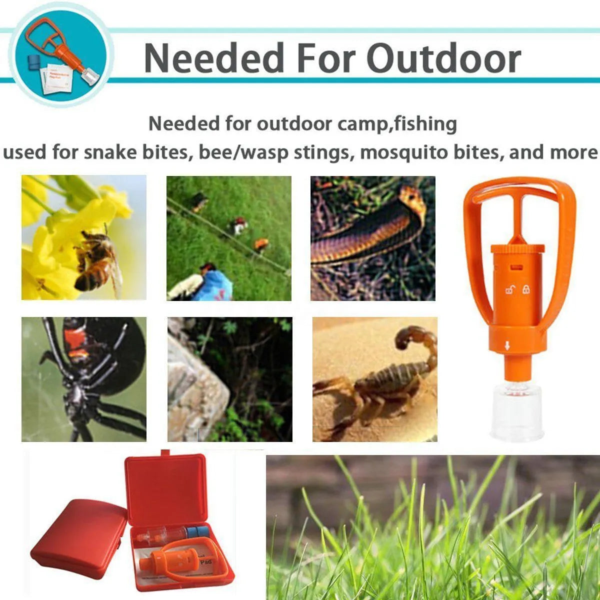 Orange outdoor venom vacuum suction device with two suction cup sizes and first aid accessories