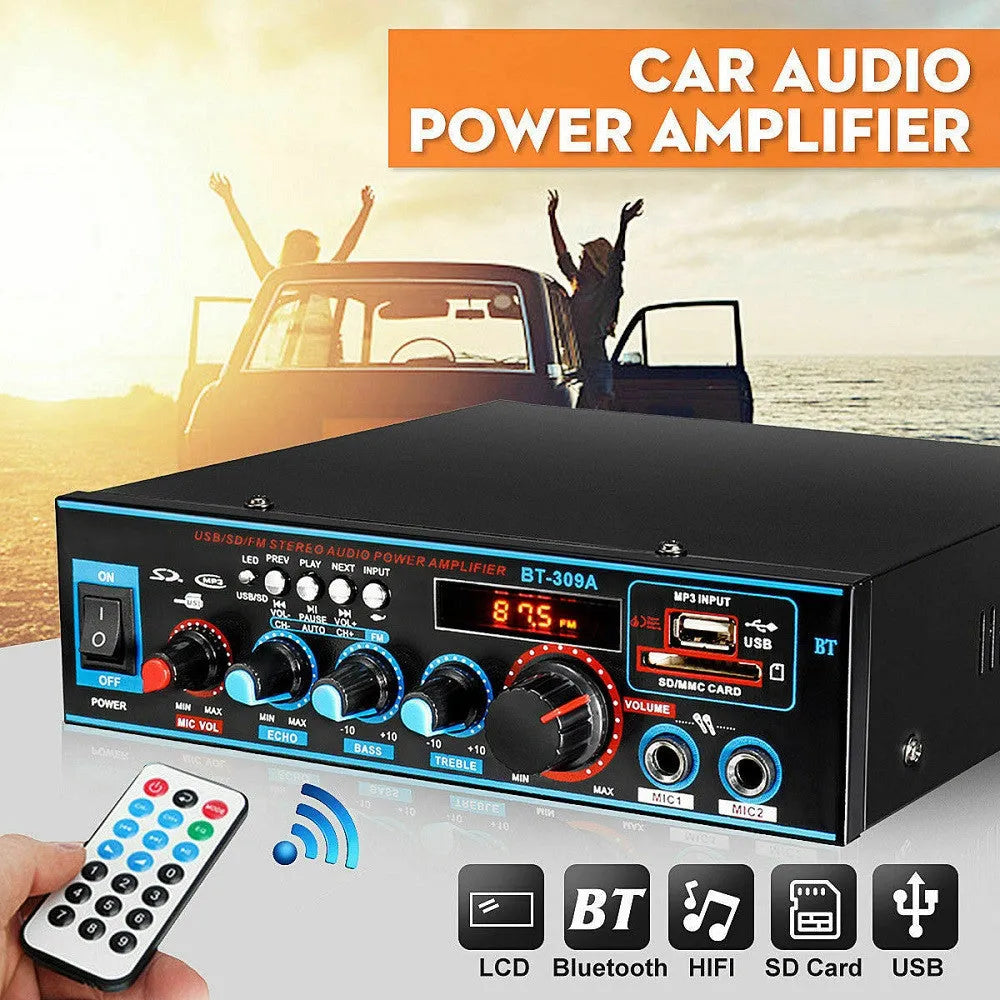 BT-309A-A black Bluetooth amplifier with recording function for home and car use