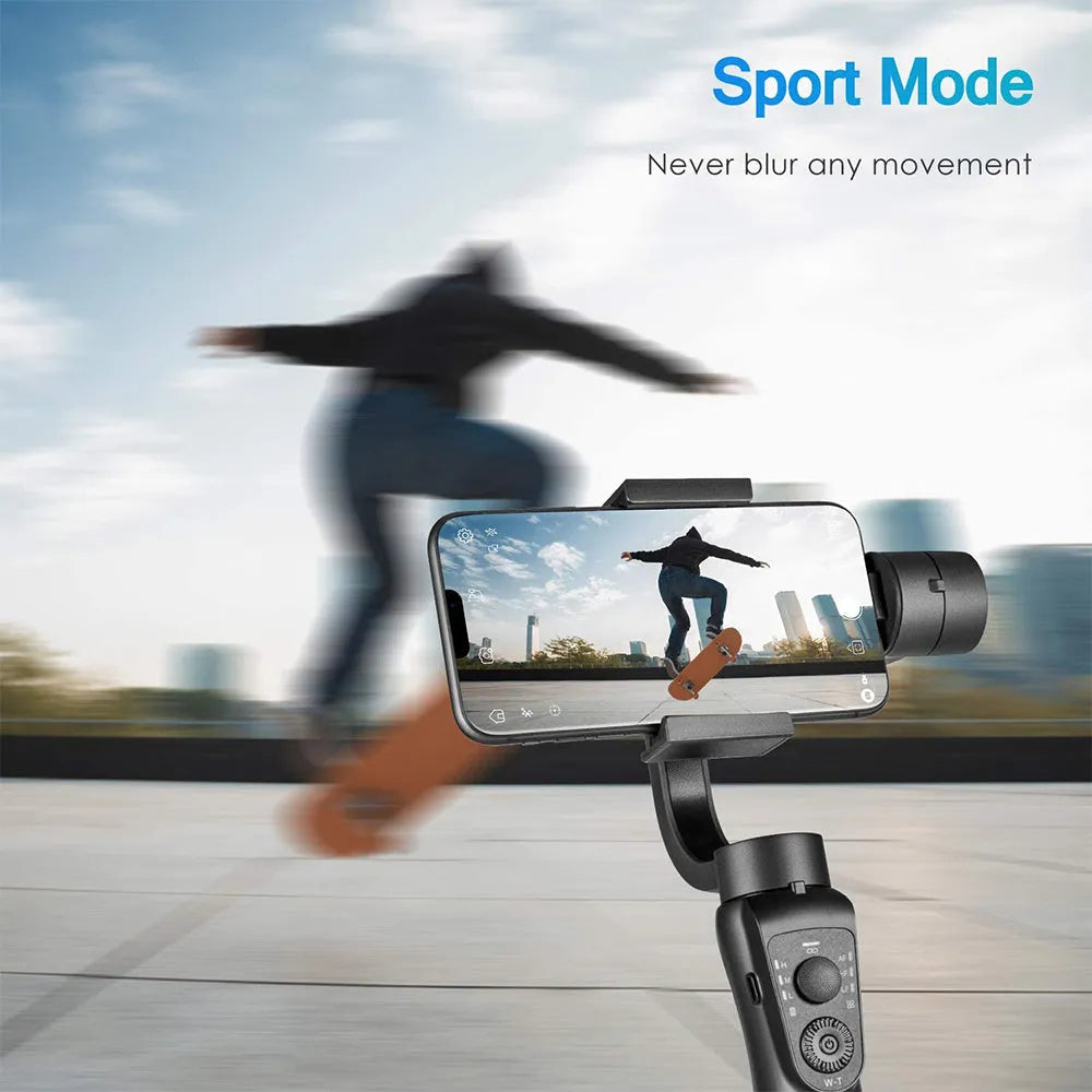 Black three-axis handheld gimbal stabilizer for mobile phones showing PTZ mechanism.