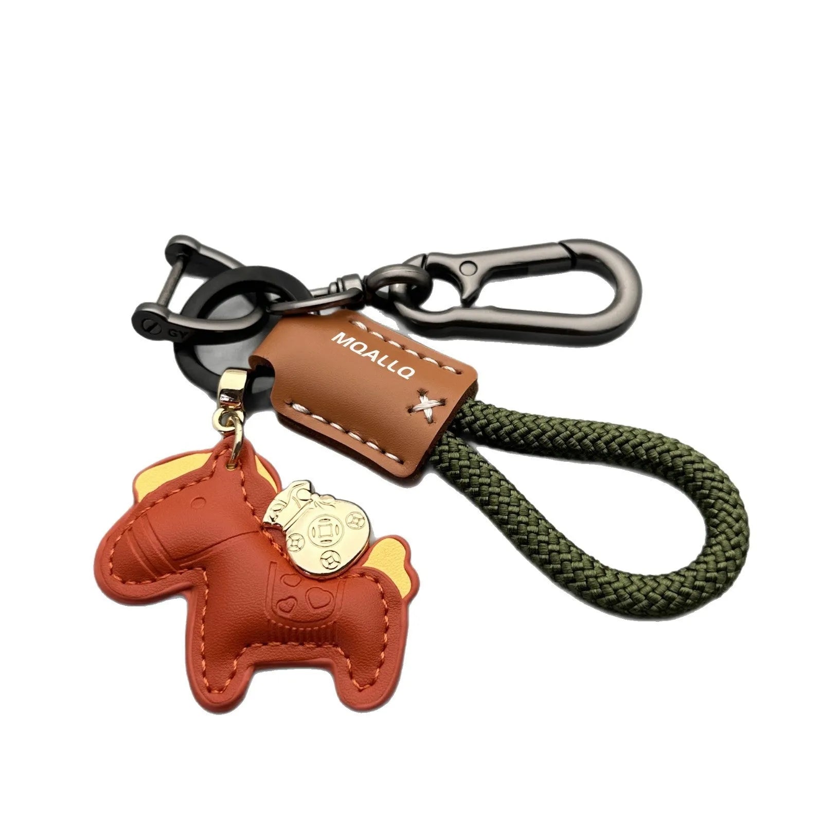 Handmade brown cowhide leather car key ring pendant with a zinc alloy belt buckle and green flanelle rope.