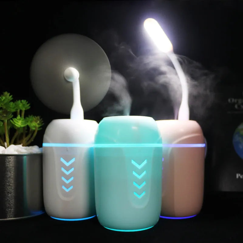 X3 model portable columnar car humidifier in blue, white, or pink with 200ml tank.