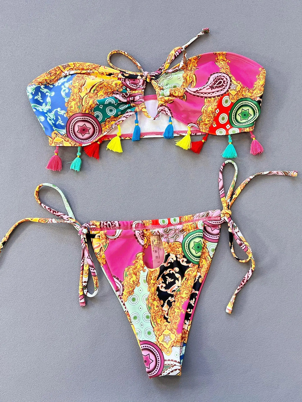 Women's printing separated bikini set with tube top and briefs in polyester swimwear