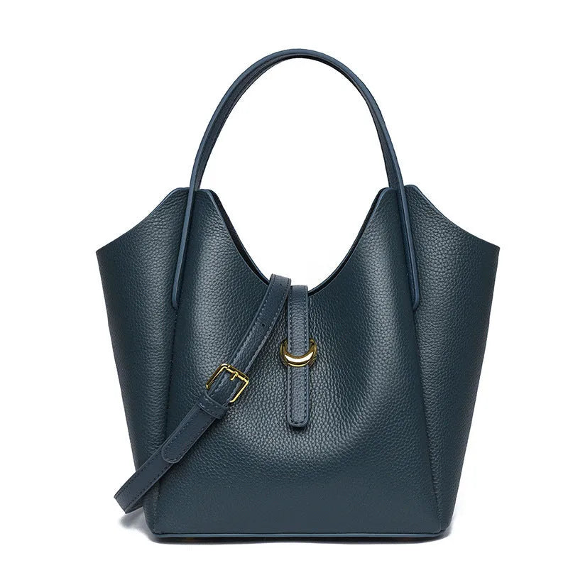 Genuine leather women's large capacity bucket bag in retro style with hand-held design