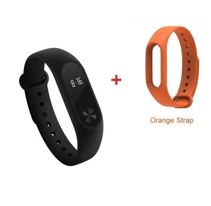 Xiaomi Mi Band 2 black smartband on wrist showing OLED display with heart rate and step count.