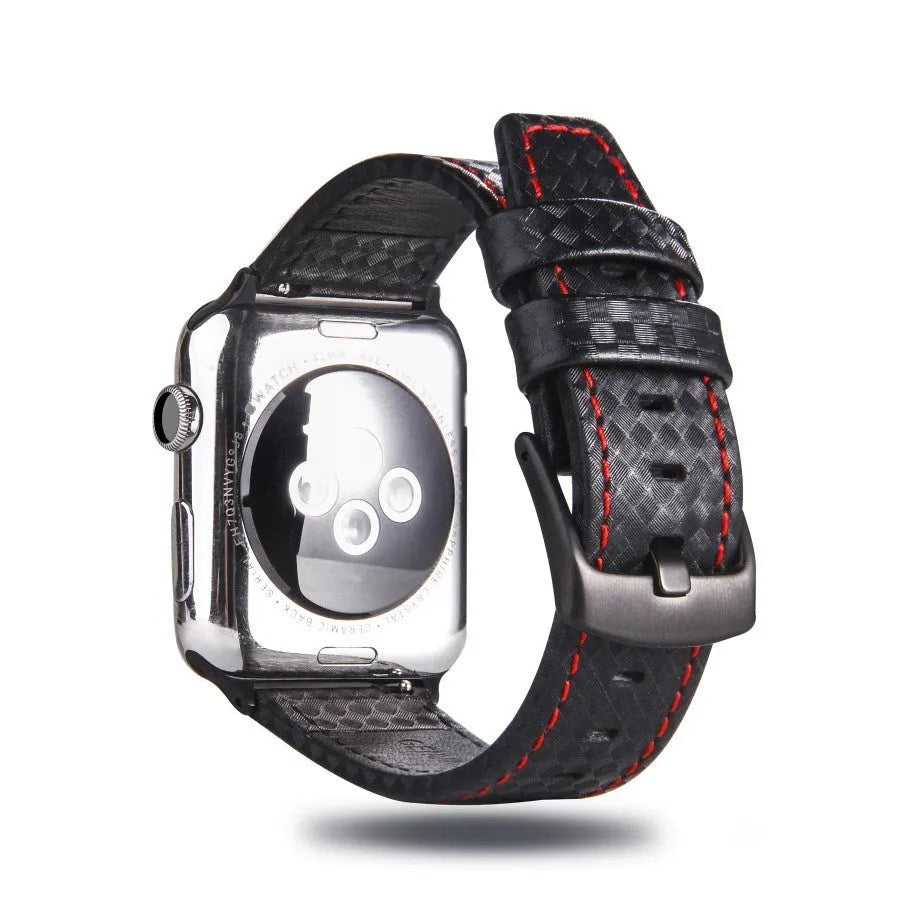Carbon fibre and leather Apple Watch strap with patterned PC case in red, black, blue, and orange.