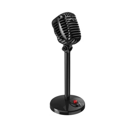 Black USB condenser microphone with adjustable gooseneck and tripod stand on a desk