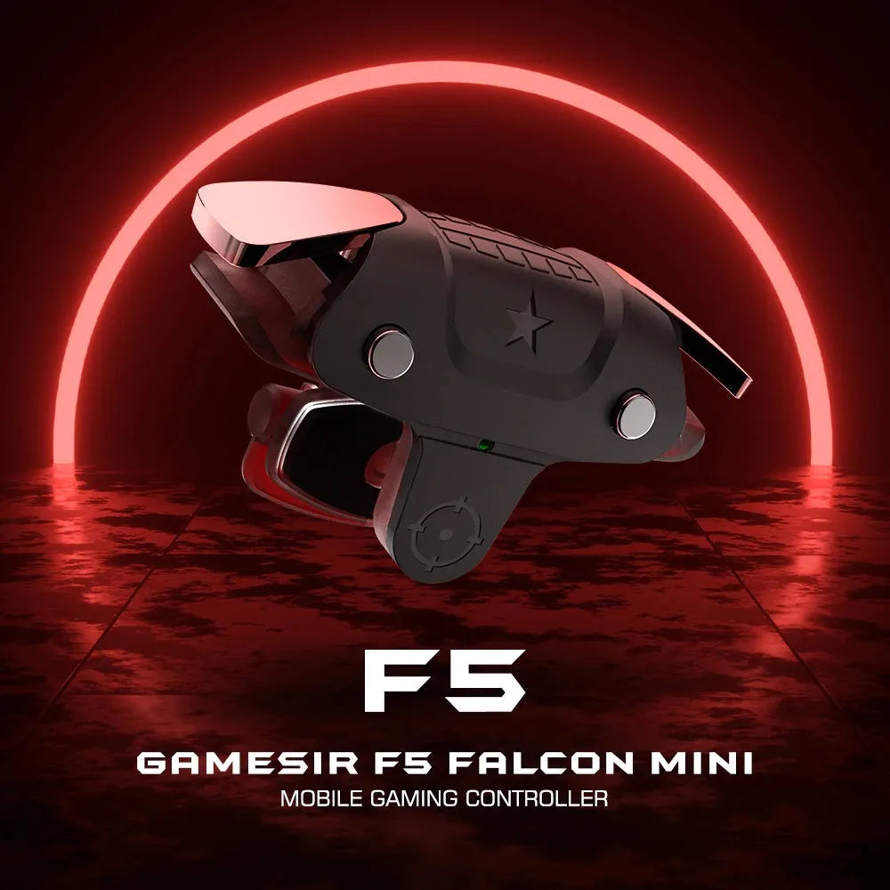 Black F5 mobile game controller showing compact 5cm dimensions for phone gaming