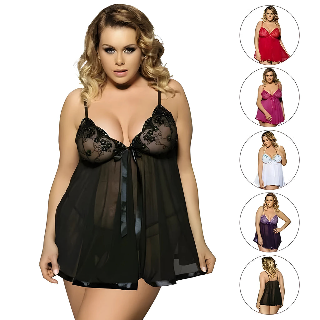 Women's purple lace sleepdress with see-through mesh construction showing lace detailing