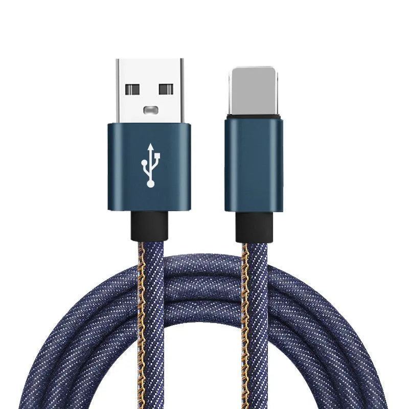Denim fabric Type-C charging cable with aluminium alloy connectors in black, blue or red colour